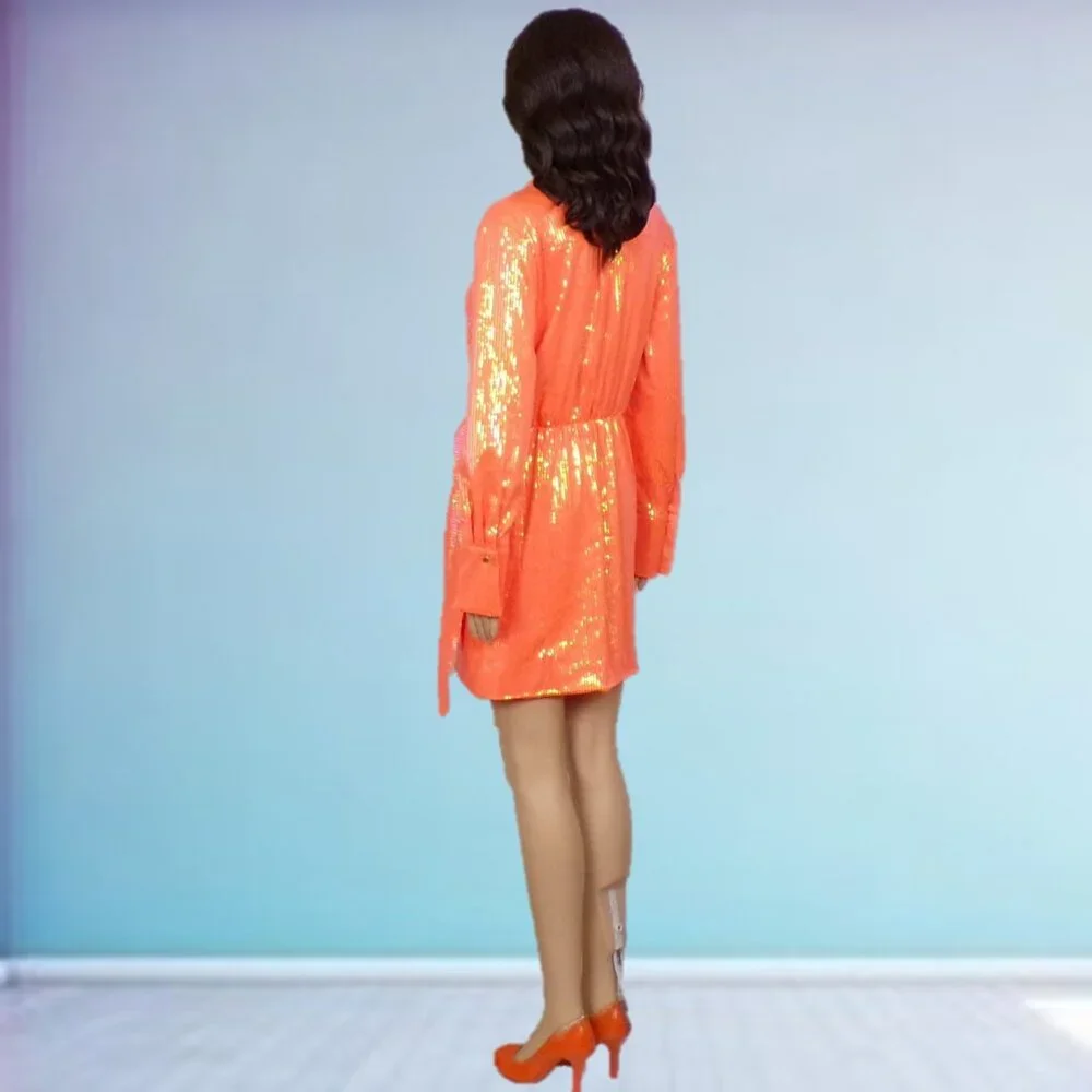 HOUSE OF HARLOW 1960 size S orange long-sleeve sequined wrap dress - Picture 6 of 13